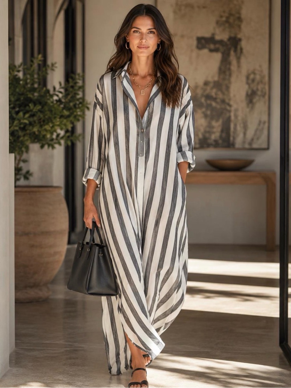 Striped Navy and White Maxi Shirt Dress